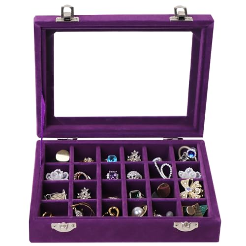 Velvet Jewelry Box 24 Grid Jewelry Earrings Display Organiser Box Ring Tray Holder Earrings Storage Case for Girls Women Wife Mom (Purple) - color: Purple