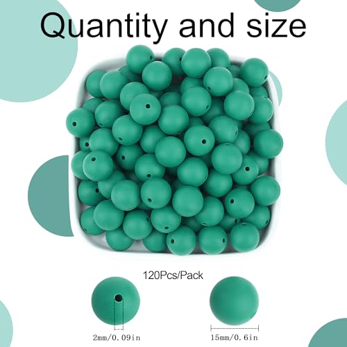 MAIBAOTA 120 Pcs Deep Green Silicone Beads - 15 mm Round Beads for Keychain, Pens, Bracelets, Necklaces - Bulk Pack with Boxed Kits - color: Deep green