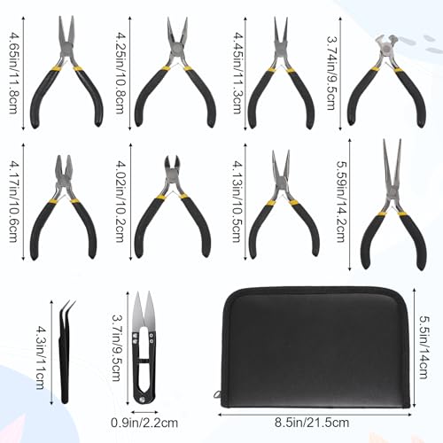 11PCS Jewelry Pliers Set, Long Nose, Diagonal, End Cutting, Bent Nose, Combination, Flat Nose, Needle Nose & Round Nose, Tweezers and Storage Bag, Jewellery DIY Making and Repairing Supplies