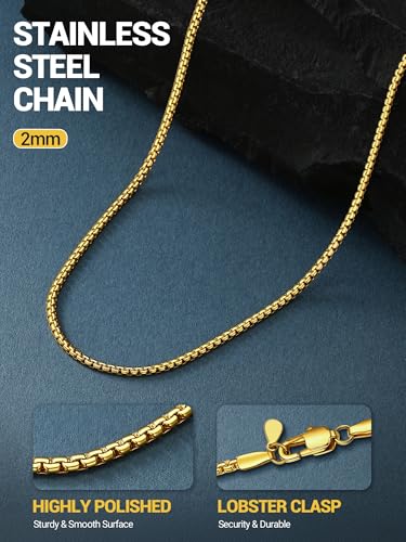 PROSTEEL Stylish Stainless Steel Flat Box Link Chain Necklace for Men, Silver/Gold/Black Tone, Hypoallergenic Jewelry, 14"-30", Come with Box - size: 22 inch(55cm), style: 2mm-Luxury Gold