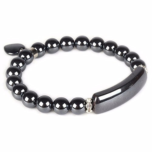 Justinstones Gem Semi Precious Gemstone Love Heart Charm Stretch Beaded Bracelet Unisex - color: Hematite