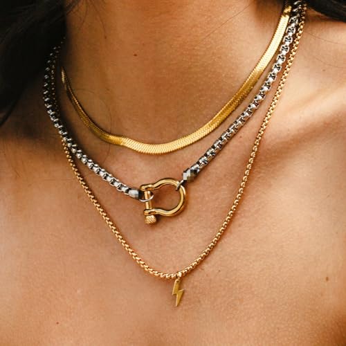 18K Gold Plated Buckle Necklace with Heavy Screw Anchor Shackle Wheat Chain Two Tone Carabiner 17.7 Inch Stainless Steel Foxtail Chain - color: Silver necklace with gold clasp