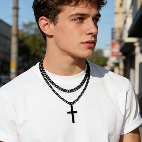 SENRAN Layered Cross Necklace for Men Boys Stainless Steel Layered Cuban Link Chain 16-24 inch Christian Cross Pendant Religious Jewelry Gifts - color: Black, style: 22inch/24inch