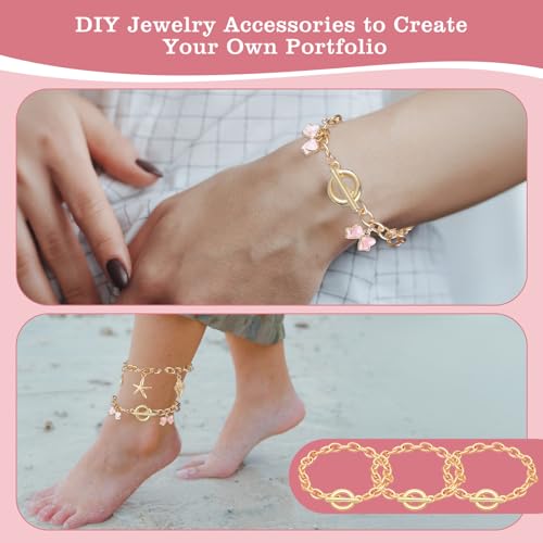 12 PCS Chains Bracelets for Jewelry Making, Gold Stainless Steel Charm Bracelet Chains Link Chain Bracelets with OT Toggle Clasp DIY Jewelry Making Chain for Women Men DIY Crafts Supplies Gifts