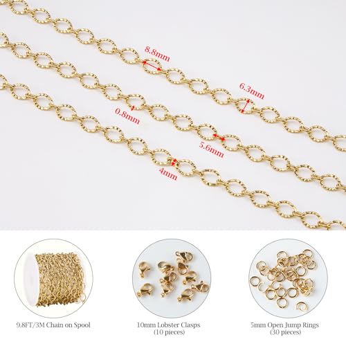 KYUNHOO 9.8 Feet Gold Plated Jewelry Making Chains Bulk on Spool Embossed Stainless Steel Chain for Crafts DIY Charm Necklace Bracelet Jewelry Supplies with Lobster Claws - color: Sunflower Gold