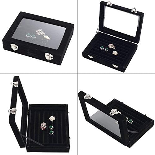 Jewelry Box Rings Organizer Tray 7 Slots Velvet Jewelry Earring Storage Box With Transparent Lid Jewelry Display Case for Girls Women (Black) - color: Black