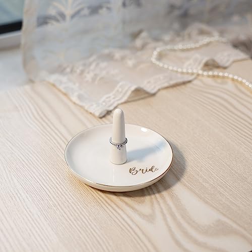 HOME SMILE Ring Holder for Bride-Monogrammed Engagement Gifts for Friends,Birthday Mother's Day Christmas Gifts for Women,Ceramic White - style: Bride