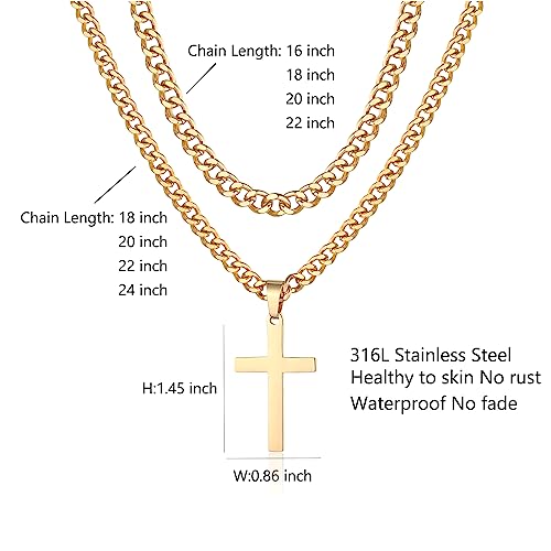 SENRAN Layered Cross Necklace for Men Boys Stainless Steel Layered Cuban Link Chain 16-24 inch Christian Cross Pendant Religious Jewelry Gifts - color: Gold, style: 16inch/18inch
