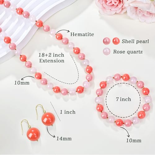 Gemstone Beaded Necklace for Women, Trendy 18K Gold Plated Hematite Natural Stone Bead Choker, Boho Handmade Summer Beach Necklaces for Women Everyday Western Jewelry Gifts - color: Rose Quartz