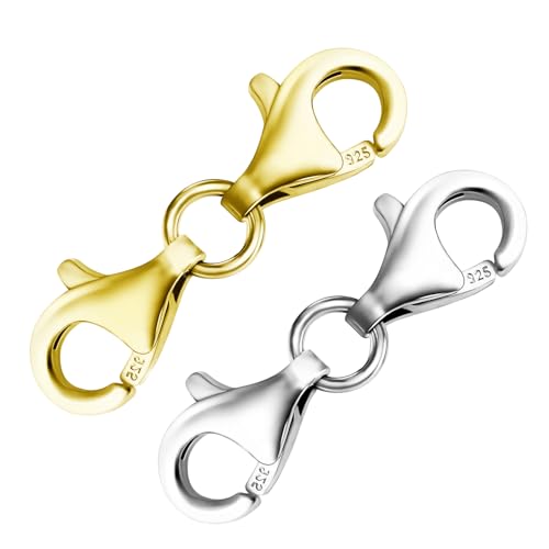 2 Pcs 925 Sterling Silver Double End Design Lobster Clasp 9MM Chain Extender Double Claw Connector Extension Clasps for Bracelet Jewelry Making Necklace Clasps and Closures (Gold and Silver)