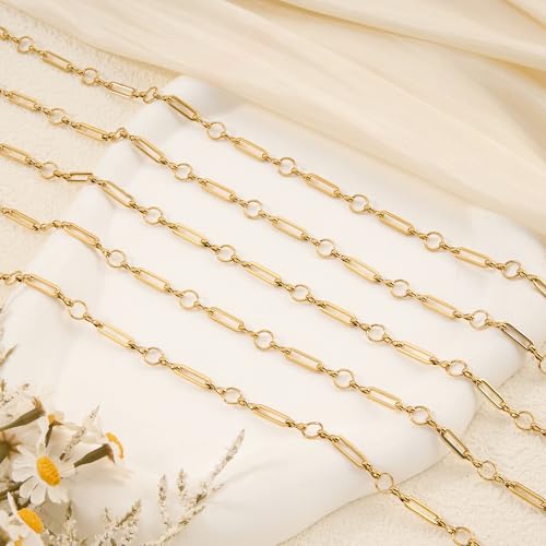 YOUBEIYEE 4 Meters Gold Plated Chains for Jewelry Making Stainless Steel Circle Paperclip Chain Roll with Jump Rings and Lobster Clasps - color: Circle Paperclip Gold