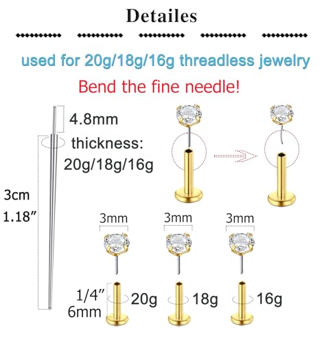QWALIT Piercing Taper Threadless Insertion Tool - Titanium Labret Pin 16g, 18g, 20g - color: E1 - Gold Straight 20g/18g/16g 6mm(1/4")