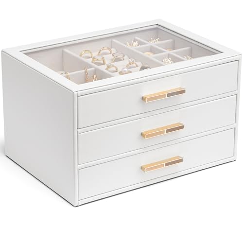 VLANDO Jewelry Box for Women, Glass Lid Jewelry Organizer with 3 Drawers for Necklaces Rings Earrings Bracelets Christmas Gift - White - color: E. White, size: 3-Layer