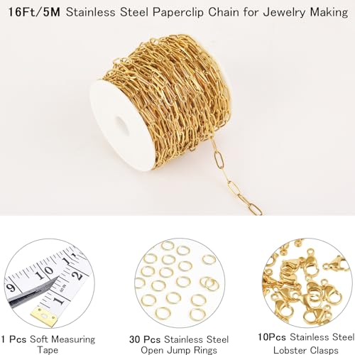 16Ft Stainless Steel Paperclip Chain for Jewelry Making, 3.5mm Width Gold Plated Paper Clip Link Chains Roll for DIY Necklace Bracelet Jewelry Making Supplies with Lobster Clasps Soft Tape Measure - color: Paperclip 3.5mm Gold