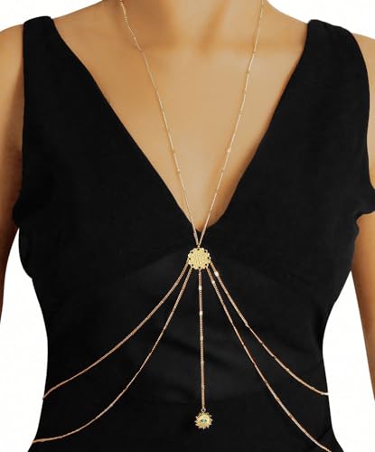 14K Gold Plated Body Chains for Women, Sexy Layered Belly Waist Chain Crossover Bikini Bra Chain, Summer Beach Rhinestone Body Jewelry - style: Gold Eye1