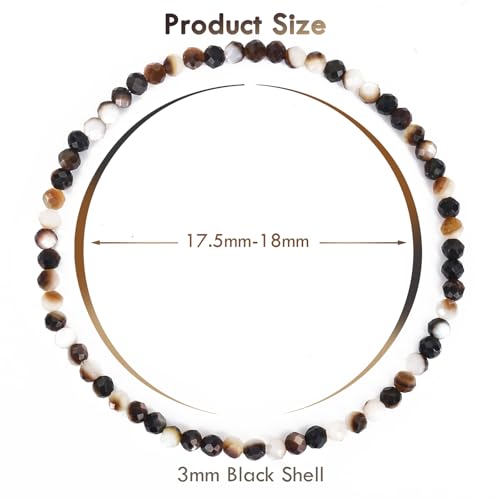 BONNY BOXX Natural Genuine Gemstone Faceted Round Beads Bracelets, 3mm Adjustable Stretchy Tiny Faceted Black Tourmaline Bracelet, Healing Crystal Reiki Chakra Dainty Jewelry Fashion Gifts - color: Black Shell