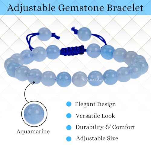ANAYA AGATE Energy Protection Crystal Handmade Adjustable Bead Bracelet Perfect for Men, Women’s Christmas Gift - Gemstone Healing Stretch Bracelet Pulsera Para Hombre Mujer Stocking Stuffer - color: Aquamarine