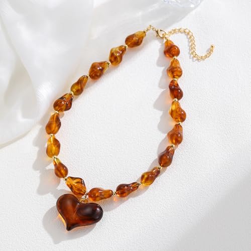 GZQ Chunky Gold Heart Necklace for Women, Resin Beaded Chain with Puff Heart Adjustable Clasp, Perfect for Daily Wear Party Date Streetwear Outfits Fashion Jewelry Gift - color: Brown