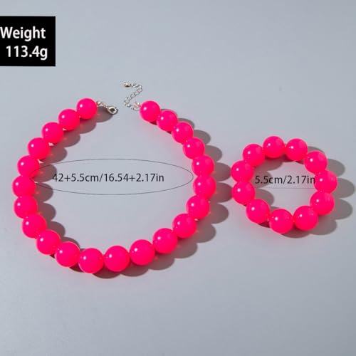 Colorful Chunky Beaded Necklace for Women Acrylic Bead Choker Necklaces Fashion Large Round Beads Necklaces for Women Handmade Summer Jewelry - color: Red bracelet + necklace