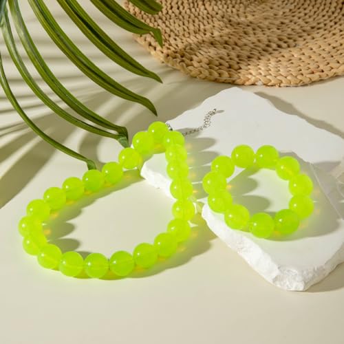 Colorful Chunky Beaded Necklace for Women Acrylic Bead Choker Necklaces Fashion Large Round Beads Necklaces for Women Handmade Summer Jewelry - color: Green bracelet + necklace