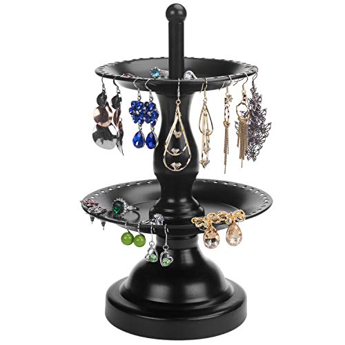 MyGift Earring Storage Rack Organizer, Metal Jewelry Tree, Necklace and Bracelet Hanger with Wooden Ring Tray Trinket Holder - Holds 68 Pairs of Earrings (Black-2-Tier) - color: Black-2-Tier