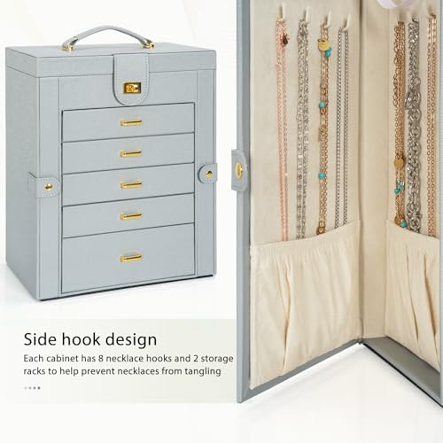 AKOZLIN 6-Tier Jewelry Box Organizer Functional Huge 5 Drawers Leather Jewelry Storage Case Grey Large