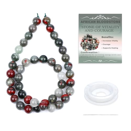Natural Stone Beads Round Genuine Real Stone Beading Strand Loose Gemstones DIY Smooth Bead for Bracelet Necklace Earrings Jewelry Making (African Bloodstone, 8mm 45 Pieces) - color: African Bloodstone, size: 8mm 45pcs