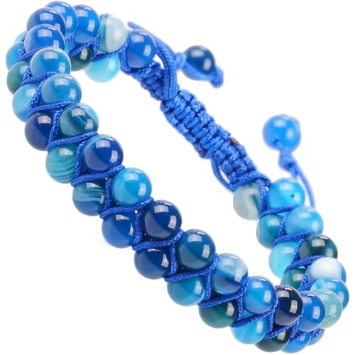 MASSIVE BEADS Double Layer Natural Chakra Healing Power Crystals Macrame Bracelet Yoga Stone Beads Gemstone Meditation Relax Anxiety Bangle for Unisex Women Men - color: Blue Stripe Agate, size: 6mm