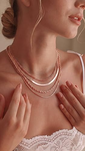 Tewiky Layered Necklaces for Women Non Tarnish- Chunky 14k Gold Plated Herringbone/Snake/Rope/Box/Cuban Link Chain for Women Waterproof Layering Stack Choker Necklace Trendy Dainty Tarnish Free Jewelry Set - color: 4 layered necklace-Rose Gold