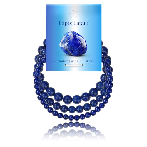 3Pcs Natural Healing Crystal Bracelets for Women Men, 4mm 6mm 8mm Beaded Stretch Bracelet Set, Black Tourmaline Natural Stone Gemstone Jewelry Gifts for Meditation, Reiki & Yoga - color: Lapis Lazuli
