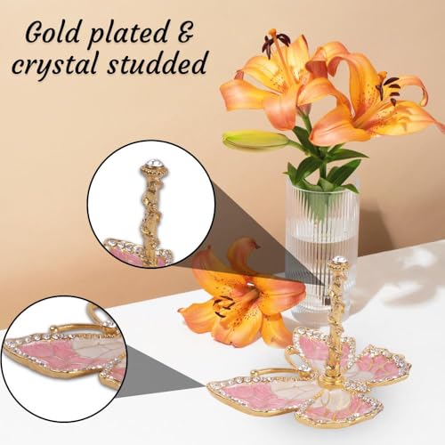 Matashi Butterfly Jewelry Holder for Women, Enamel - Gold Plated Jewelry Stand Organizer Ring Holder w/Crystals, Gift for Mom on Christmas, Mother’s Day, Birthday, Anniversary, Valentine’s Day, Pink - color: Pink
