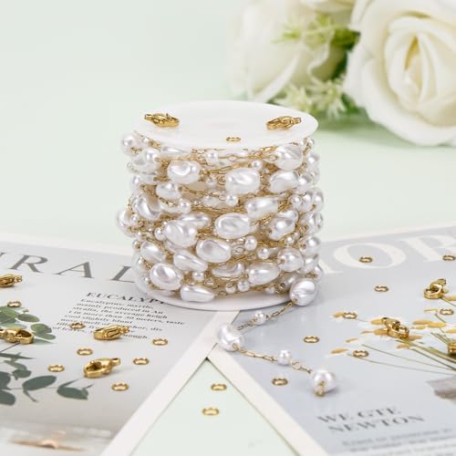 KYUNHOO Gold Plated Chain Roll on Spool 16.4 Feet Irregular Pearl Chains for Jewelry Making Stainless Steel Jewelry Supplies with Lobster Clasps Jump Rings for DIY Crafting - color: Irregular Bead Gold