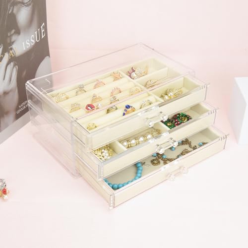 Weiai Acrylic Jewelry Box 3 Drawers, Velvet Jewellery Organizer, Earring Rings Necklaces Bracelets Display Case Gift for Women, Girls, Beige - color: Beige