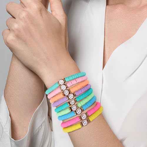 JIASHUYEYE Preppy Bracelets for Teen Girls - Stackable Boho Surfer Friendship Bracelets Set for Little Girls & Women - style: 18Pcs - Smiley Face A