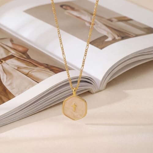 Mothers Day Gifts for Mom Cross Necklace for Women Dainty 14K Gold Plated Cross Coin Necklace Simple Round Disc Pendant Minimalist Cute Charm Everyday Religious Jewelry Gifts - style: figaro chain