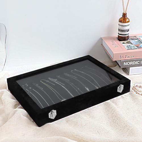 Wudygirl Jewelry Organizer Necklace Organizer Box 20 Hooks Necklaces Holder Display Case Black Velvet Jewelry Organizer with Clear Lid(Black Necklace Tray) - style: Necklace Tray
