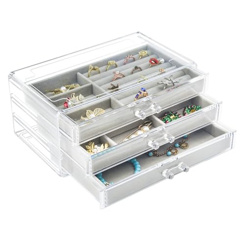 Weiai Acrylic Jewelry Box 3 Drawers, Velvet Jewellery Organizer, Earring Rings Necklaces Bracelets Display Case Gift for Women, Girls - color: Gray