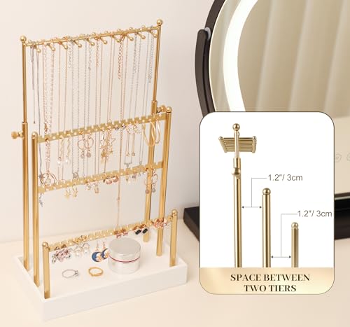 Tirzah 3-Tier Adjustable Earring Necklace Holder Organizer Stand, Gold Jewelry Display Tree with 105 Slots, 10 Double-Sided Hooks, White Tray for Women, Girls - color: Gold & White, for Necklace Earring