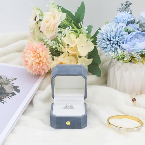 Jewelry Ring Box Small Travel Jewelry Box, Velvet Wedding Ring Box for Business, Engagement, Wedding, Bridesmaid and Mother's Day - Lake blue - color: Ring Box-Lake blue
