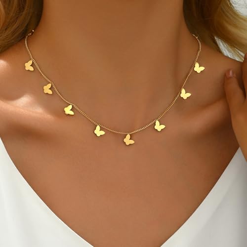 Gold Chain Necklace for Women 18K Gold Plated Dainty Star Cross Heart Cuabn Choker Chains Stainless Steel Trendy Jewelry Christmas Gifts - color: Tiny Butterfly