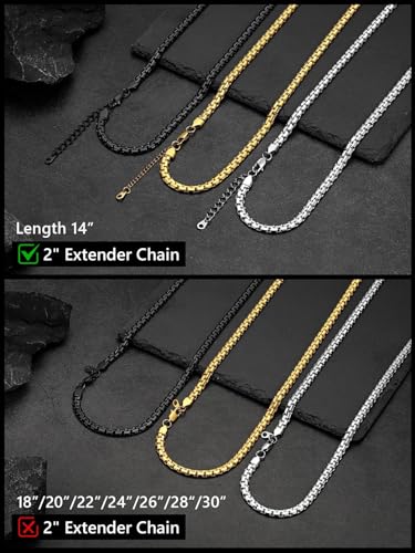 FaithHeart Mens Black/Silver/Gold Stainless Steel Flat Box Link Chain Necklace, Stylish 2/4/6/8mm Width Box Chains Necklaces for Men Non Tarnish Hip Hop Chain Jewelry Gifts,14"-30" Length - color: 2mm Width-Black, size: 14 Inches Length