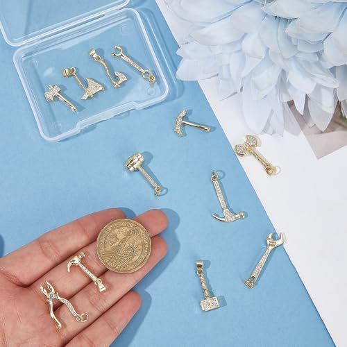 Beebeecrfat 12Pcs 12 Styles Gold Tool Pendant Charms Mini 18K Gold Plated Brass Cubic Zirconia Wrench & Plier & Hammer & Axe Home Tool Charms for Jewelry Making Necklaces Bracelets Earring DIY Crafts - color: Gold