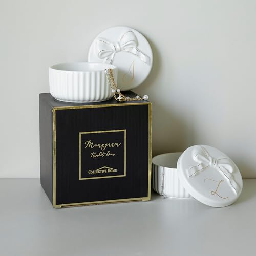 COLLECTIVE HOME - Monogram Jewelry Box with Bow, Christmas Gift Ideas for Women, Small Gift for Girlfriend Wife, Ring Holder, Earrings Dish, Birthday Gift for Her (F) - color: F