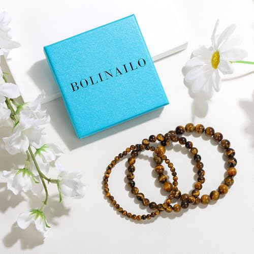 3Pcs Natural Healing Crystal Bracelets for Women Men, 4mm 6mm 8mm Beaded Stretch Bracelet Set, Black Tourmaline Natural Stone Gemstone Jewelry Gifts for Meditation, Reiki & Yoga - color: Tigers Eye