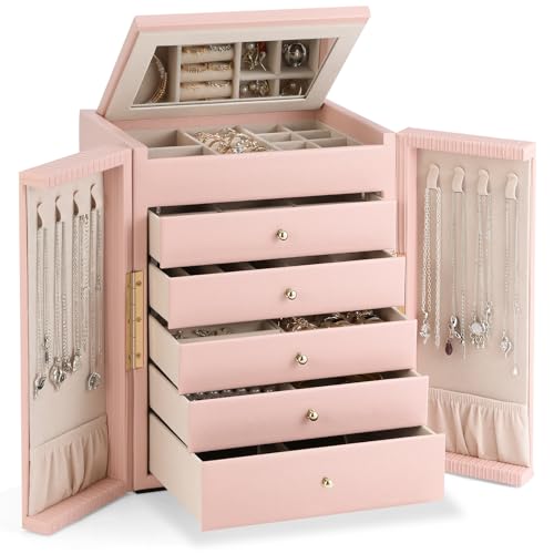 Dajasan Large Jewelry Organizer Box, 6-Tier Jewelry Storage Case with 5 Drawers, Jewelry Boxes for Women Girls with Mirror, Double Door, Textured PU Leather, Gift Idea, Stylish (Pink + Gold) - color: Pink