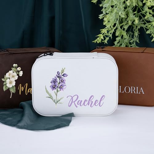 Custom Leather Jewelry Box with Name & Birth Flower Month, Birthday Gifts for Women, Personalized Jewelry Travel Case - Customized Jewelry Organizer Box, Mom Birthday Gifts, Tan - color: Tan