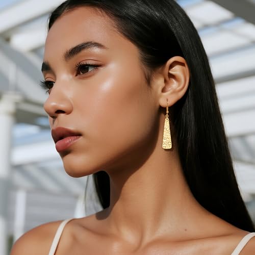 ALEXCRAFT 925 Sterling Silver Dangle Earrings for Women, 14K Gold Plated French Leverback Earrings, Hypoallergenic Lightweight Statement Hammer Square Bar Long Drop Earing for Women Trendy Jewelry - color: GoldA