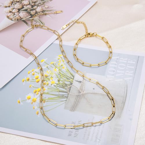 20 Pcs Chain Necklace Bracelets Kit, 18K Gold Paperclip Chain, Including 18 Inch Necklace & 6.5 Inch Charm Bracelet with Lobster Clasps, Perfect for Women DIY Jewelry Making - color: 20 PCS 18K Gold
