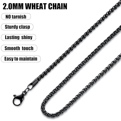 Fiusem Black Wheat Chains for Men and Women, 2/2.5/3/4/5mm Stainless Steel Necklace Chain, Mens Necklace Jewelry Gift 16-28 Inch - size: 28 Inches, style: Black 2MM