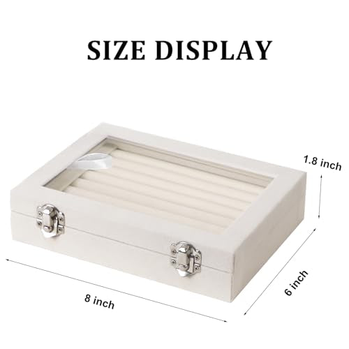 Jewelry Box Rings Organizer Tray 7 Slots Velvet Jewelry Earring Storage Box With Transparent Lid Jewelry Display Case for Girls Women (Beige) - color: Beige